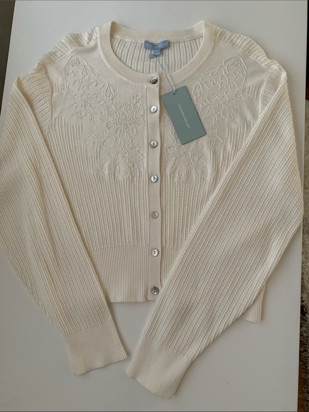 NWT ANTONIO MELANI Cream Floral Embroidered Ribbed Cardigan Size XL